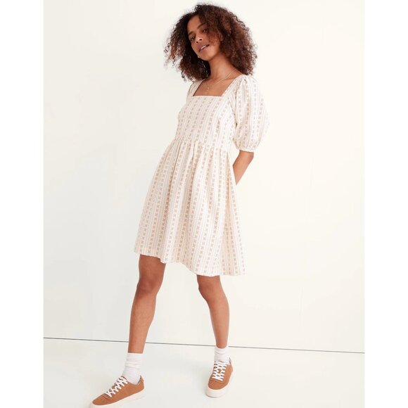 Madewell cream Square-Neck Puff-Sleeve Dress in Jacquard Stripe size small NE777 - Picture 1 of 11